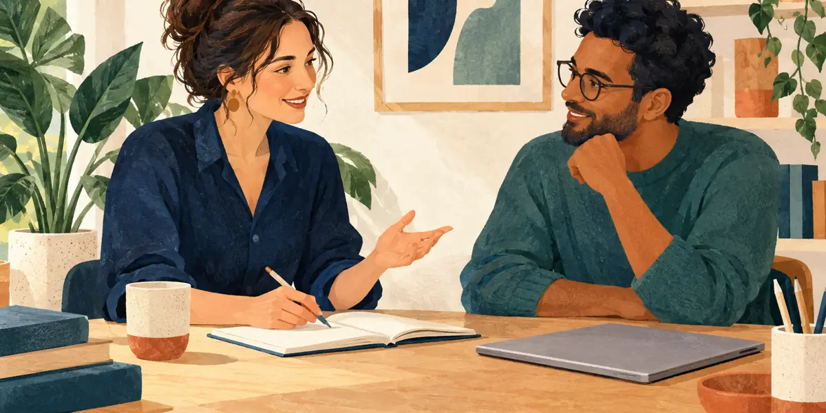 Illustration of an adult tutor and learner at a desk.