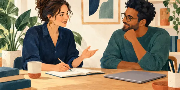 Illustration of an adult tutor and learner at a desk.